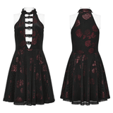 Velvet Goth Dress with Rose Print and Buckle Accents