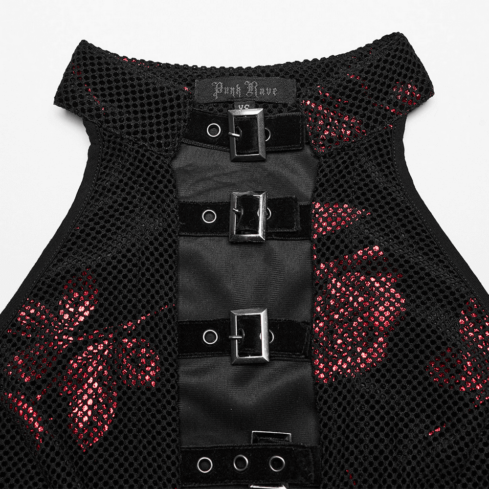 Velvet Goth Dress with Rose Print and Buckle Accents