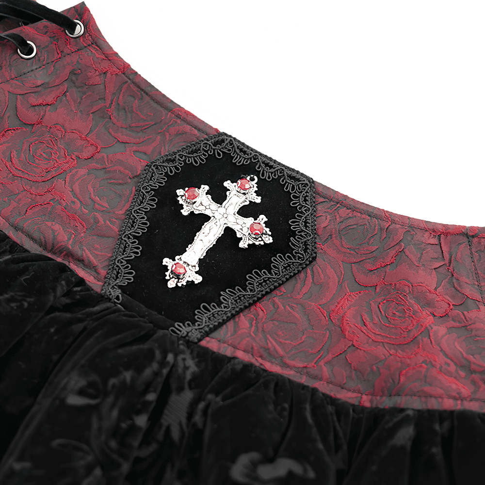 Velvet Gothic Lace-Up Skirt with Cross Embroidery Detail