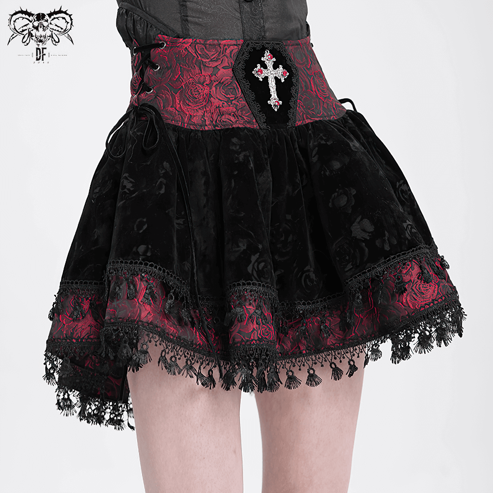 Velvet Gothic Lace-Up Skirt with Cross Embroidery Detail