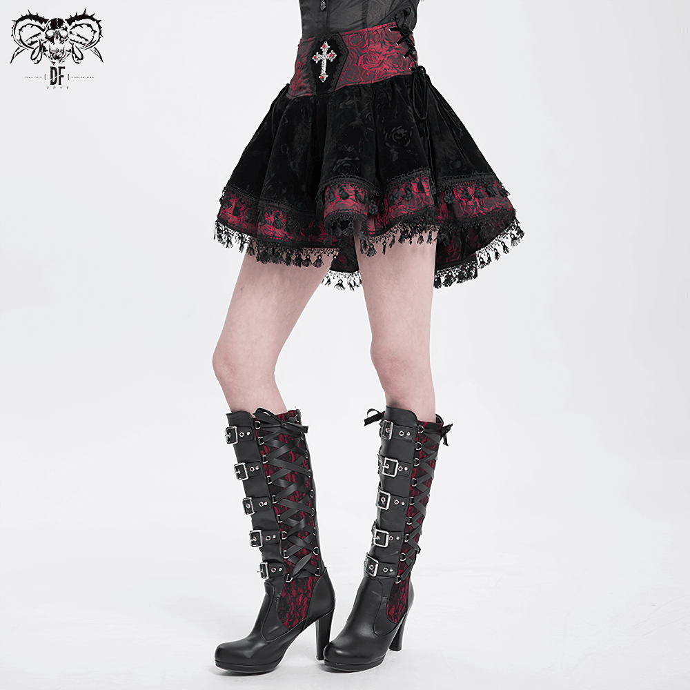 Velvet Gothic Lace-Up Skirt with Cross Embroidery Detail