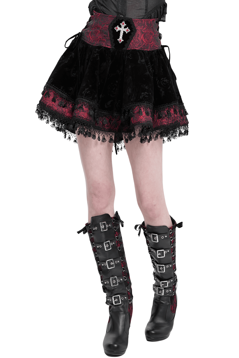 Velvet Gothic Lace-Up Skirt with Cross Embroidery Detail