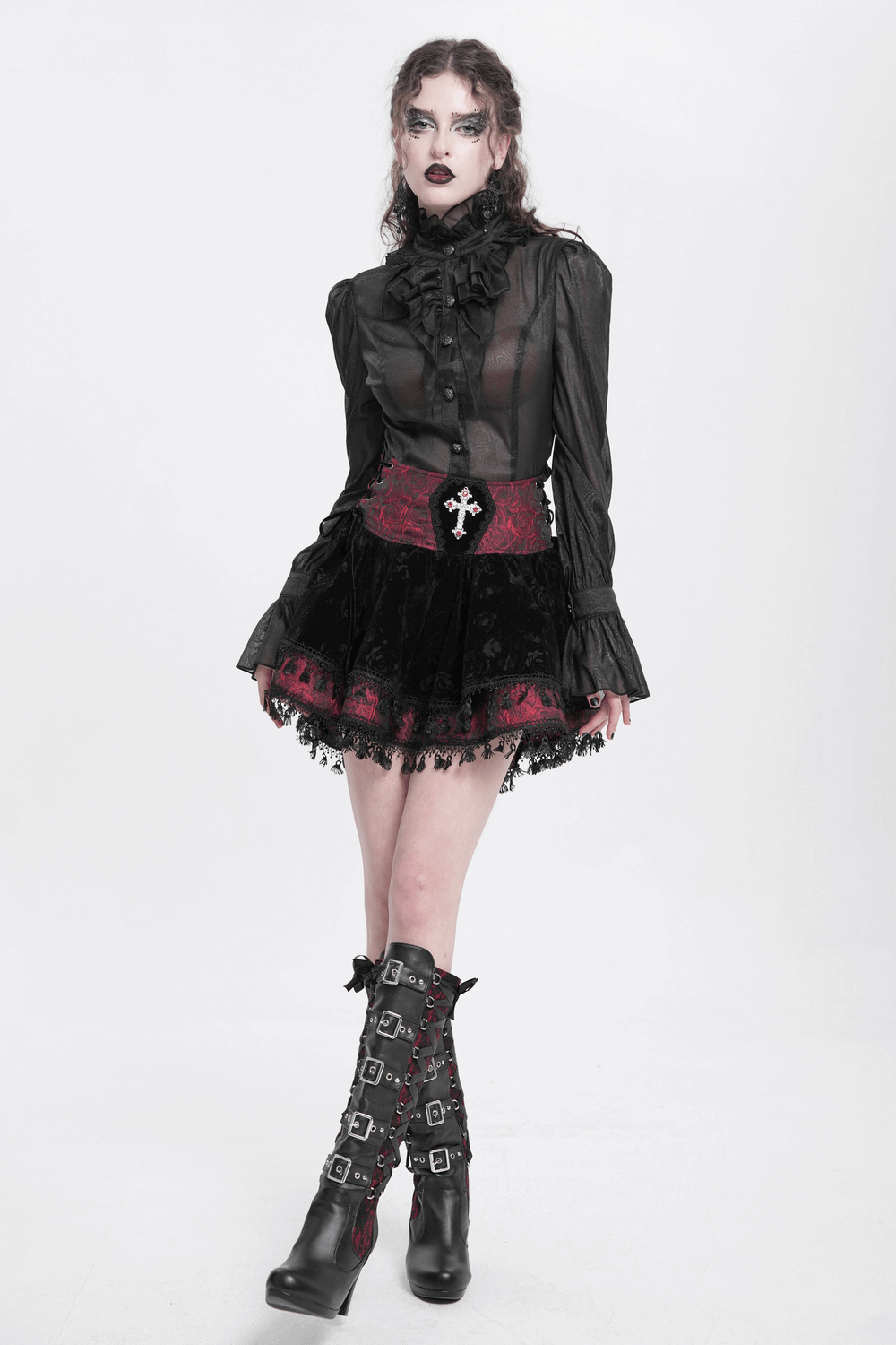 Velvet Gothic Lace-Up Skirt with Cross Embroidery Detail