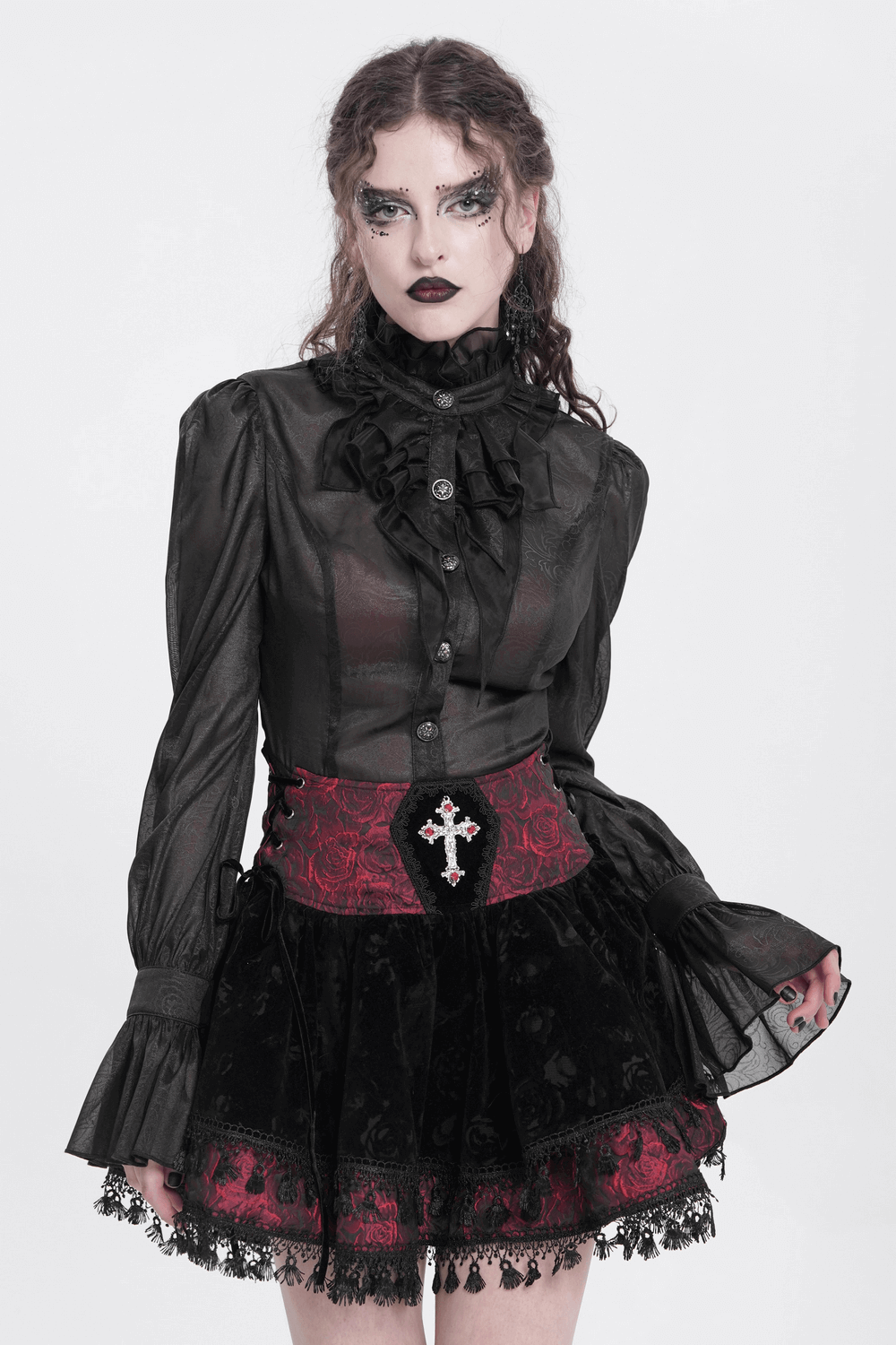 Velvet Gothic Lace-Up Skirt with Cross Embroidery Detail