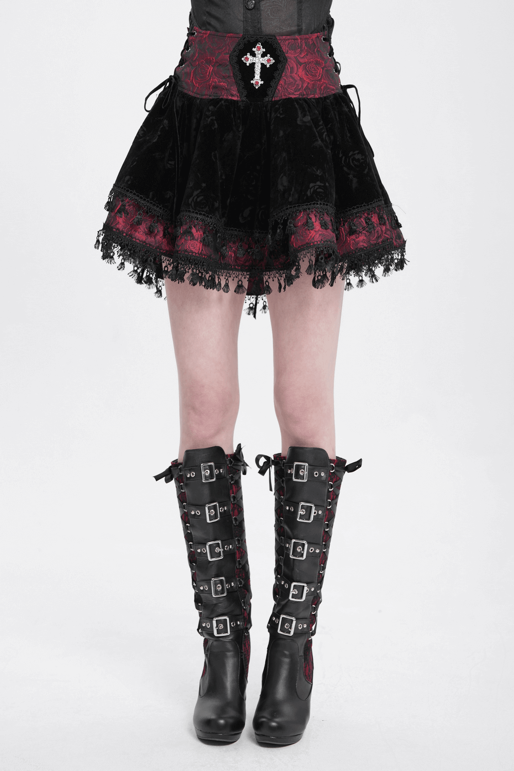Velvet Gothic Lace-Up Skirt with Cross Embroidery Detail