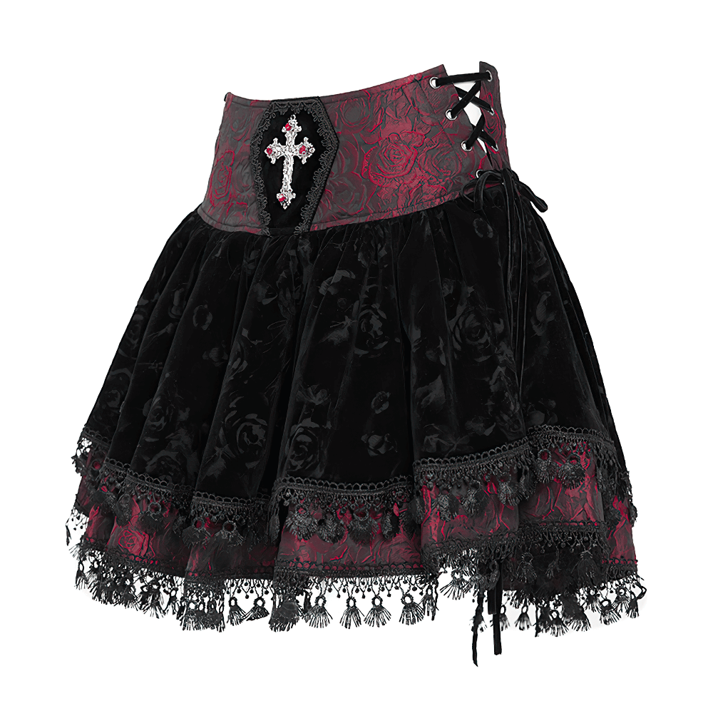 Velvet Gothic Lace-Up Skirt with Cross Embroidery Detail