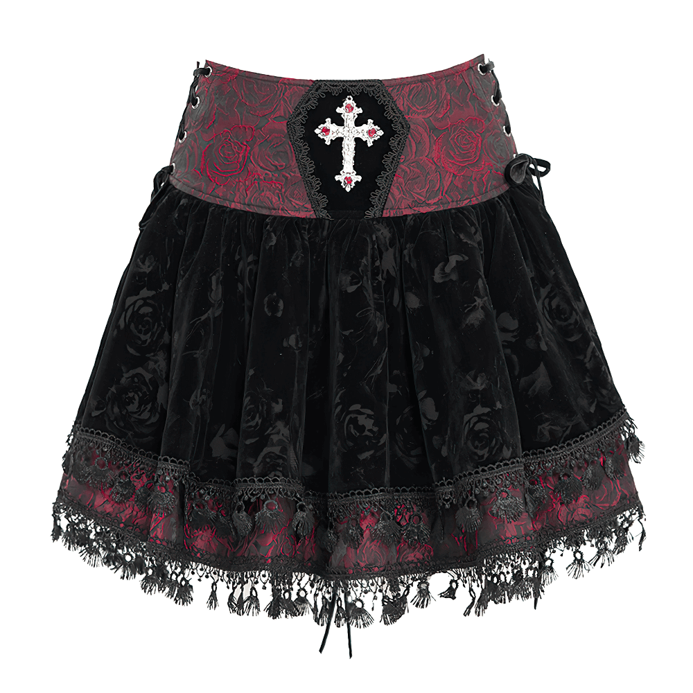 Velvet Gothic Lace-Up Skirt with Cross Embroidery Detail