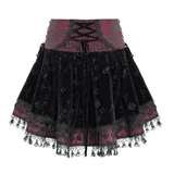 Velvet Gothic Lace-Up Skirt with Cross Embroidery Detail