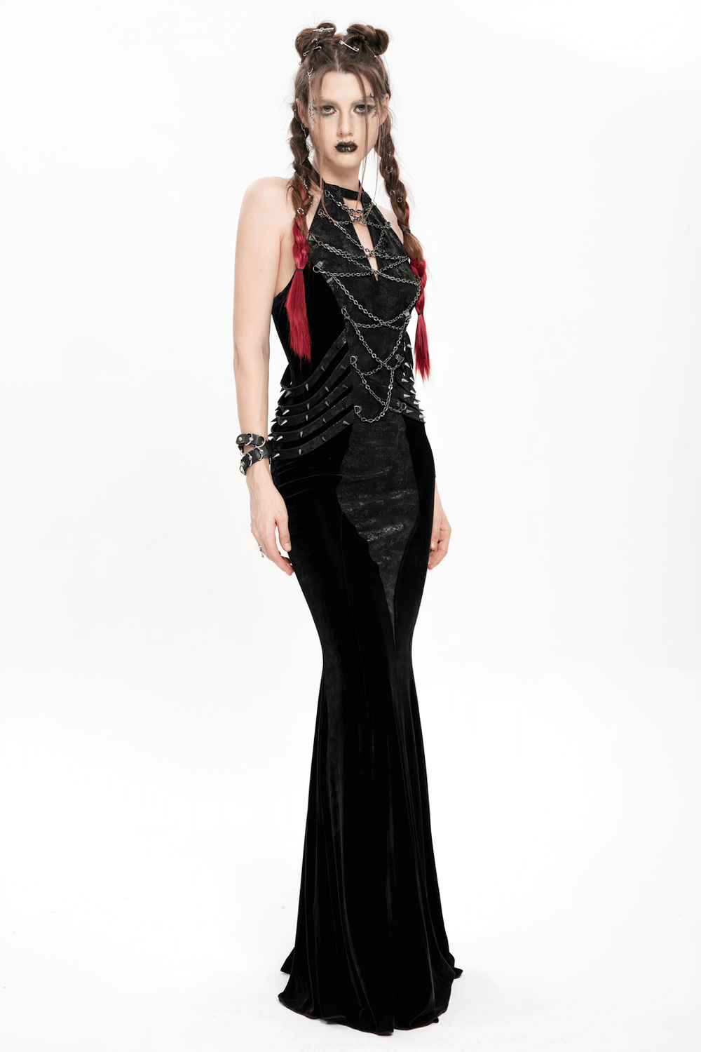 Velvet Gothic Maxi Dress with Chains and Halter Neck
