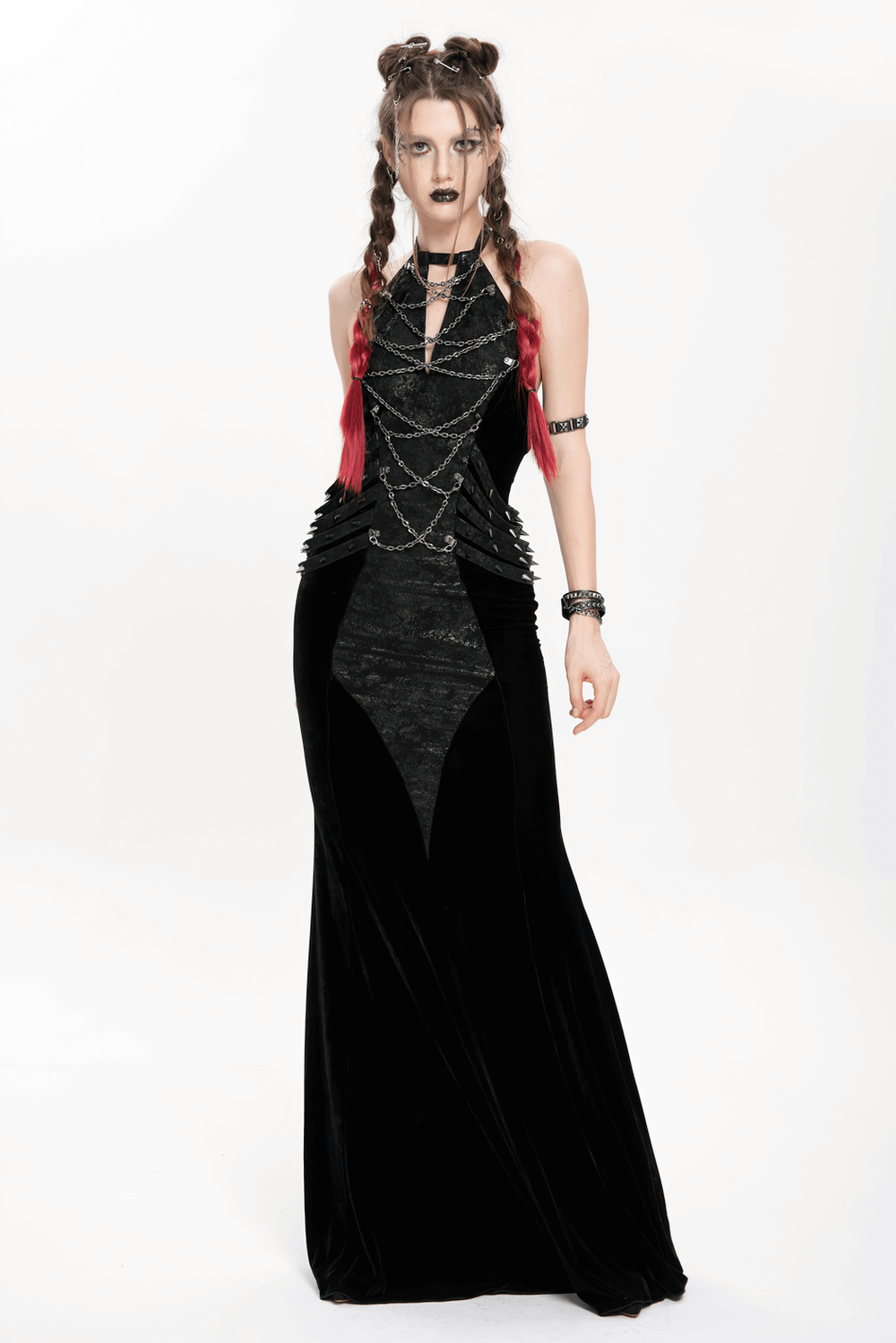 Velvet Gothic Maxi Dress with Chains and Halter Neck