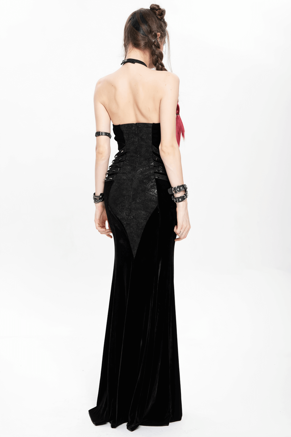 Velvet Gothic Maxi Dress with Chains and Halter Neck