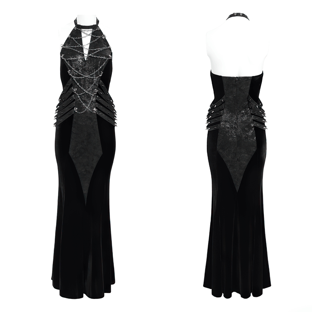 Velvet Gothic Maxi Dress with Chains and Halter Neck