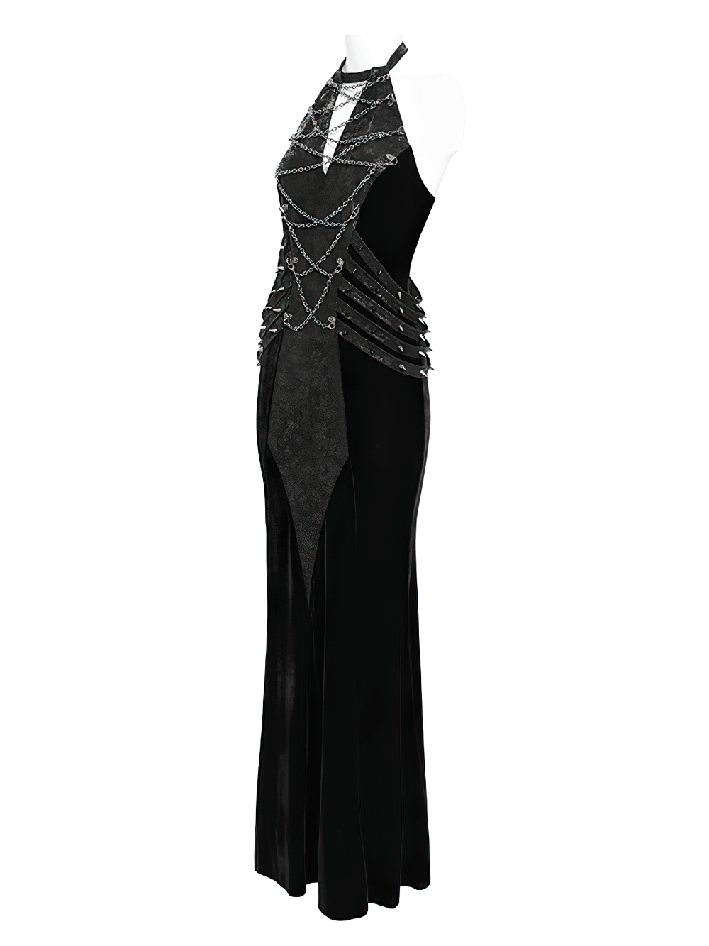 Velvet Gothic Maxi Dress with Chains and Halter Neck