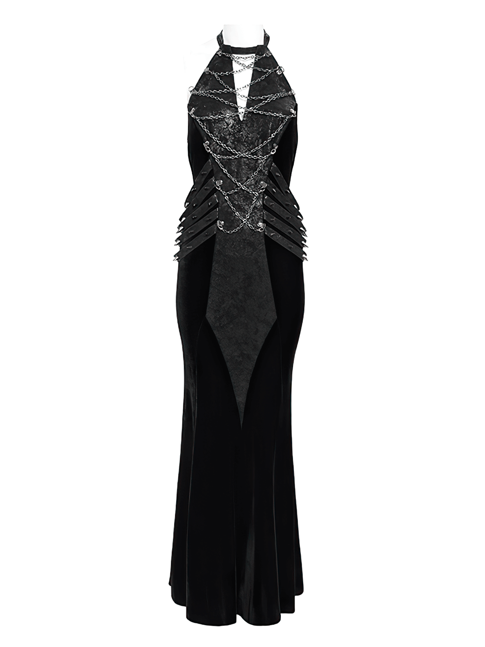 Velvet Gothic Maxi Dress with Chains and Halter Neck