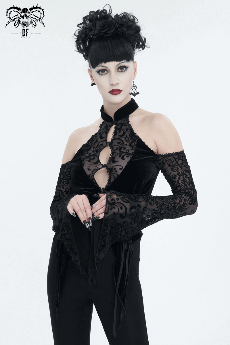 Vintage Velvet Halter Neck Top With Sexy Open Shoulders