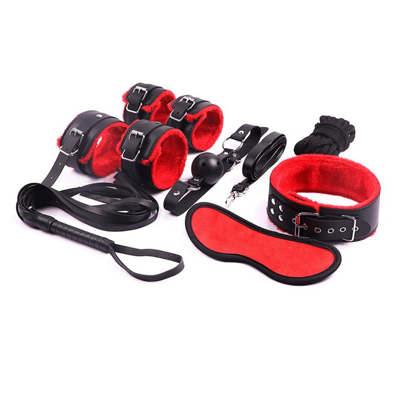 BDSM Bondage 7pcs Kit for Adult Sex Games / Handcuff Footcuff Whip Rope Blindfold Gag Neck Cuff - EVE's SECRETS