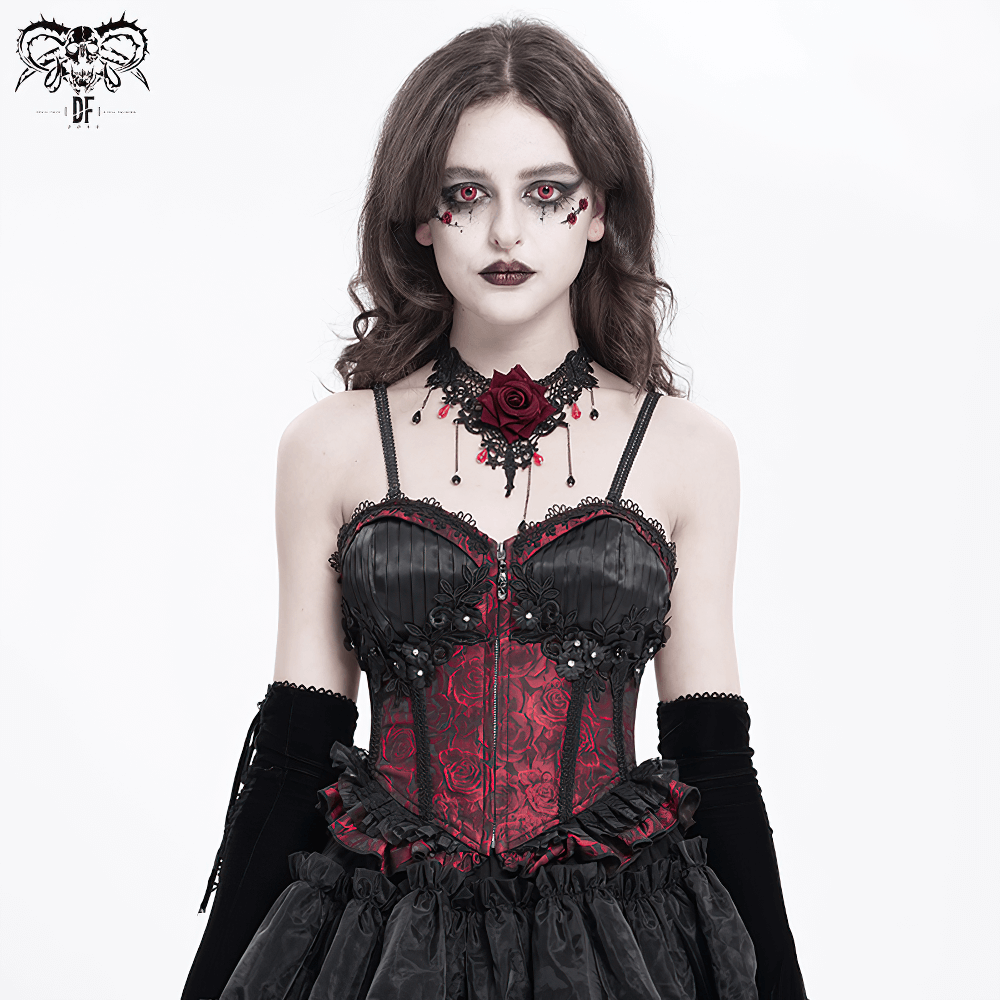 Wine Red Gothic Corset with Ruffles and Lace-Up Back