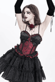 Wine Red Gothic Corset with Ruffles and Lace-Up Back