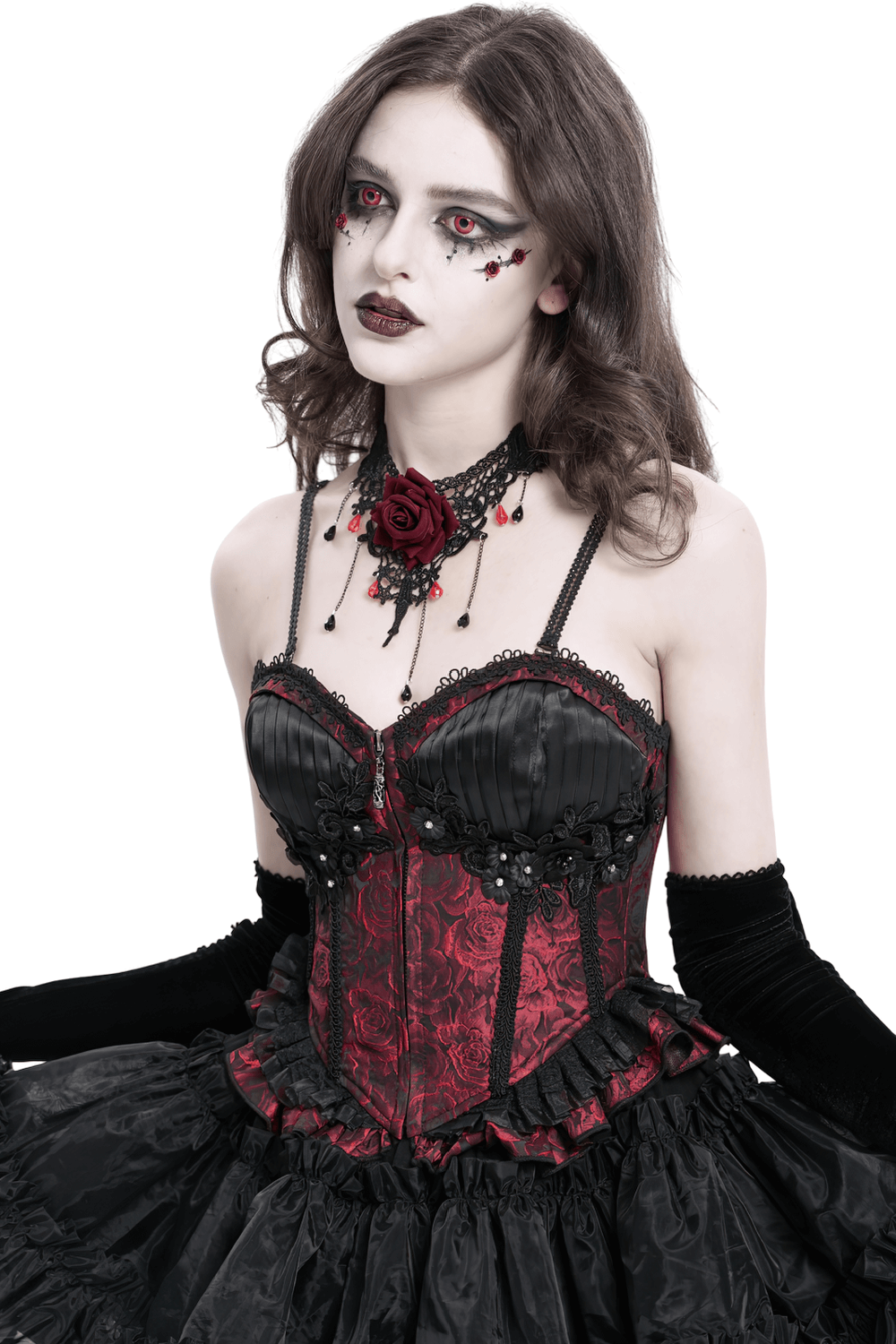 Wine Red Gothic Corset with Ruffles and Lace-Up Back