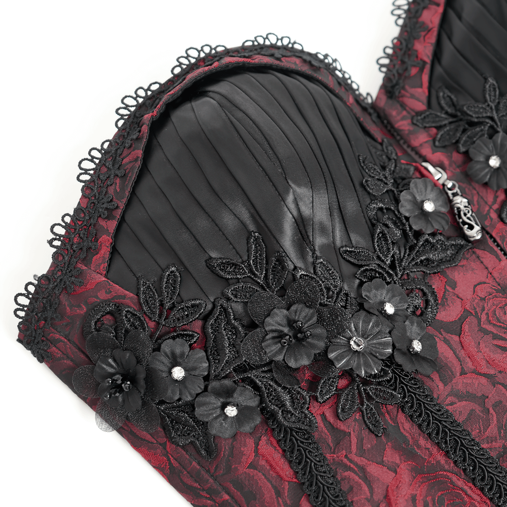 Wine Red Gothic Corset with Ruffles and Lace-Up Back