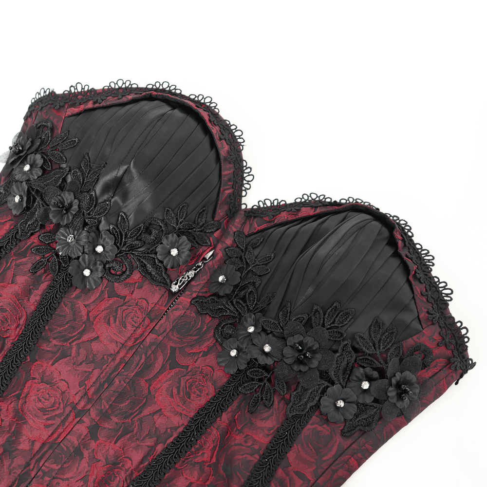 Wine Red Gothic Corset with Ruffles and Lace-Up Back