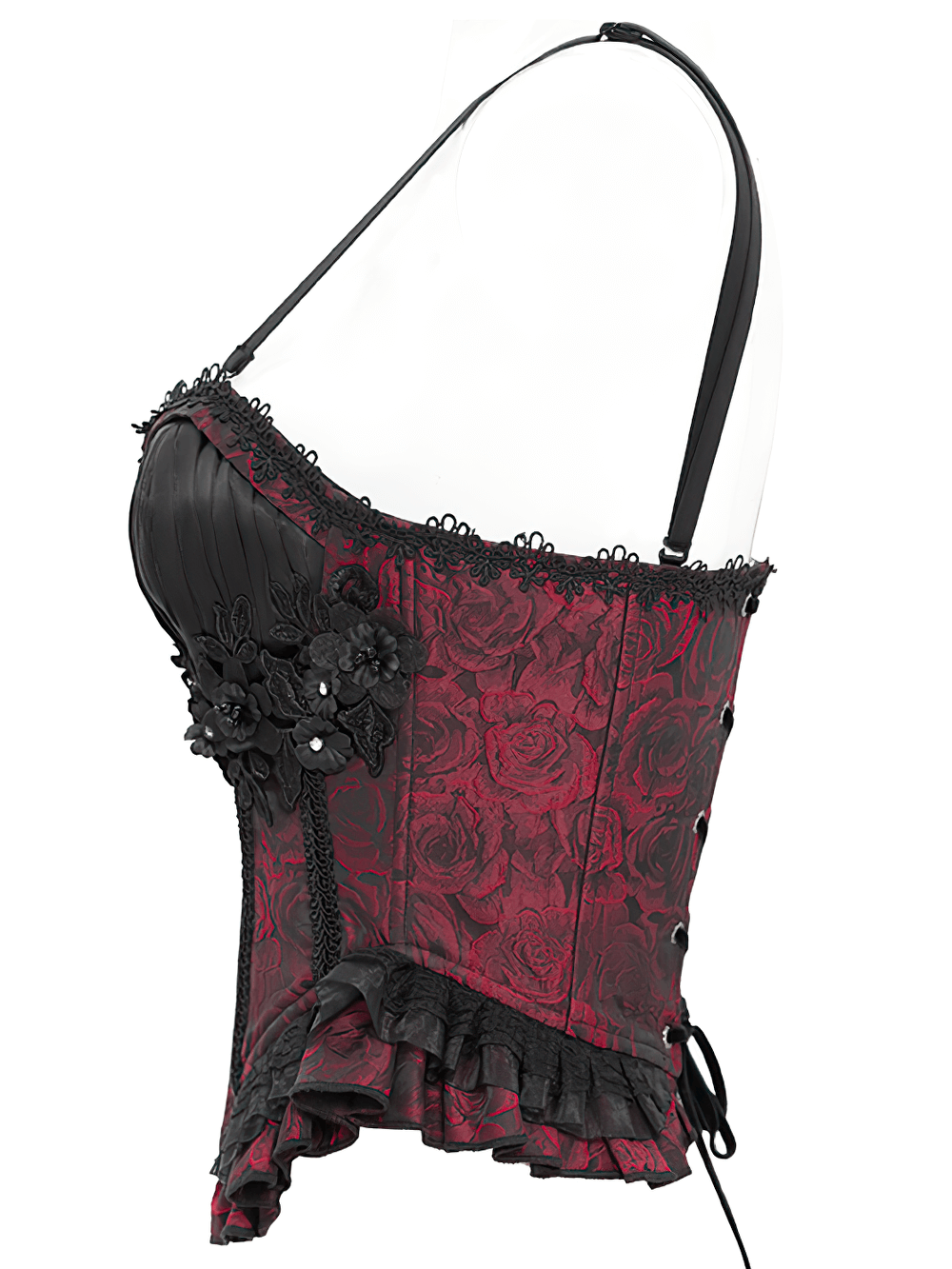 Wine Red Gothic Corset with Ruffles and Lace-Up Back