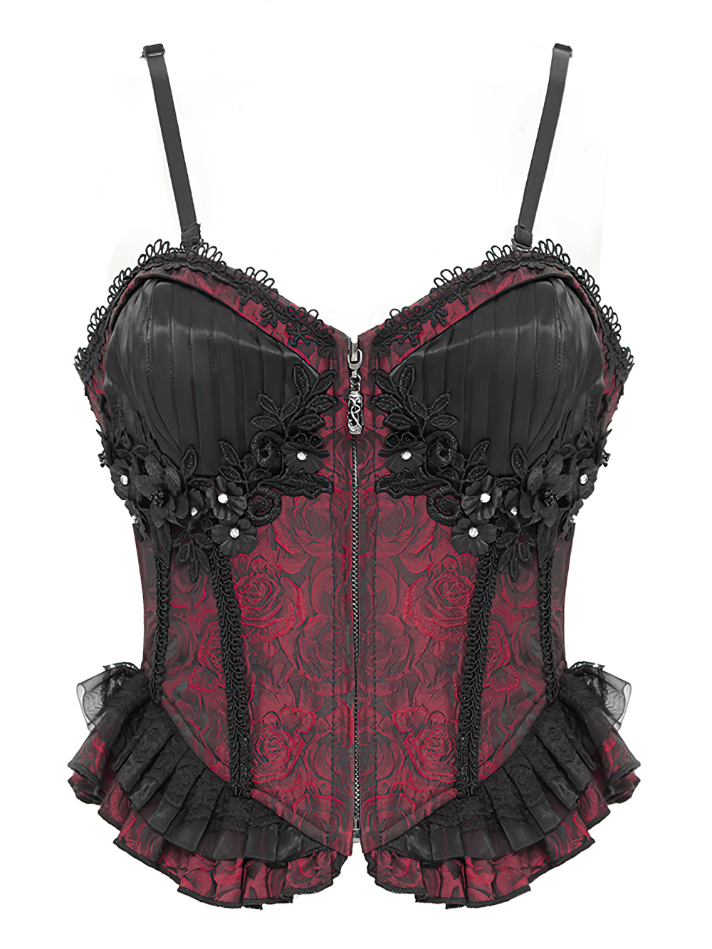 Wine Red Gothic Corset with Ruffles and Lace-Up Back