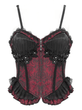 Wine Red Gothic Corset with Ruffles and Lace-Up Back