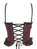 Wine Red Gothic Corset with Ruffles and Lace-Up Back