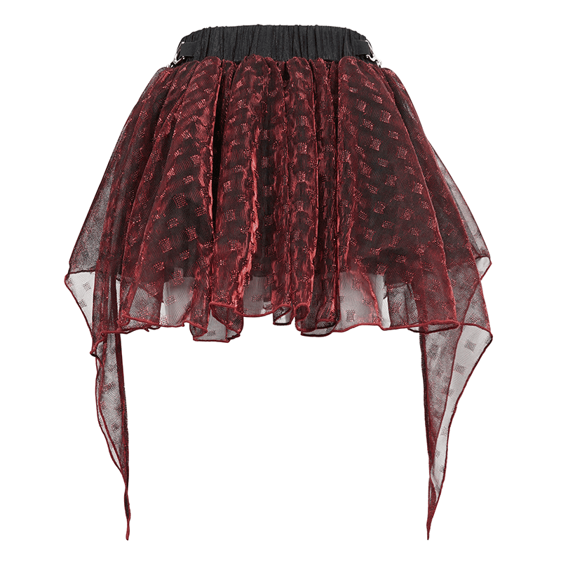 Wine Red Irregular Layered Mesh Skirt for Women