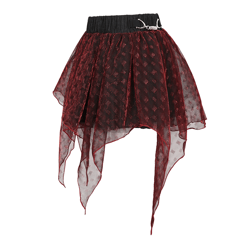 Wine Red Irregular Layered Mesh Skirt for Women