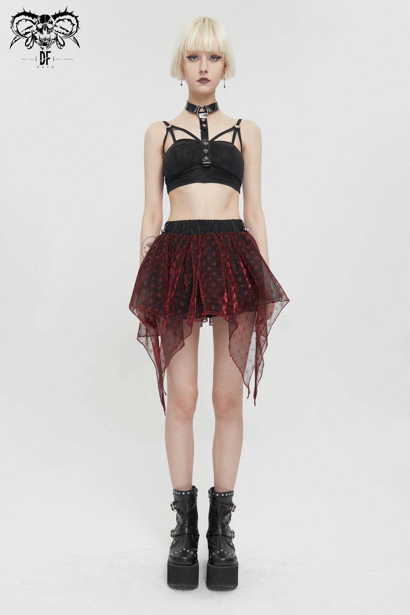 Wine Red Irregular Layered Mesh Skirt for Women