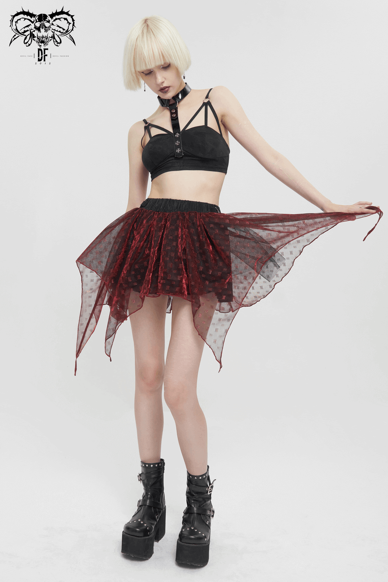 Wine Red Irregular Layered Mesh Skirt for Women
