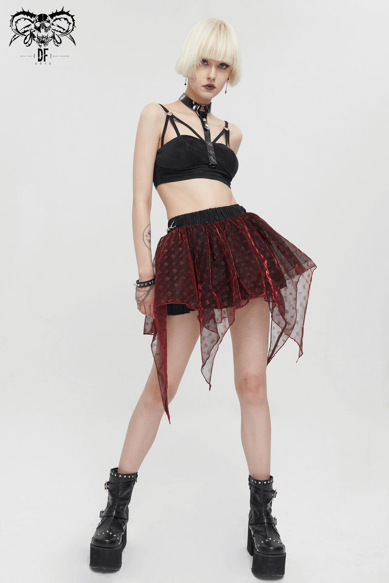 Wine Red Irregular Layered Mesh Skirt for Women