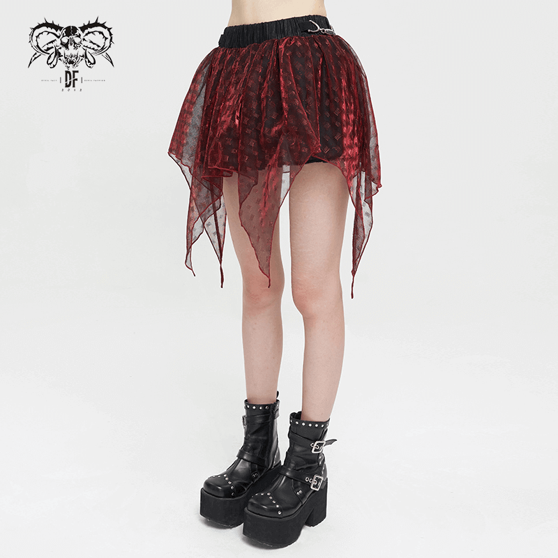 Wine Red Irregular Layered Mesh Skirt for Women
