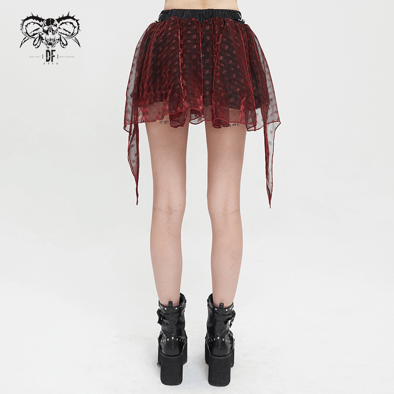 Wine Red Irregular Layered Mesh Skirt for Women