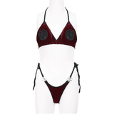 Wine Red Velvet Bikini With Pentagram Tie Sides