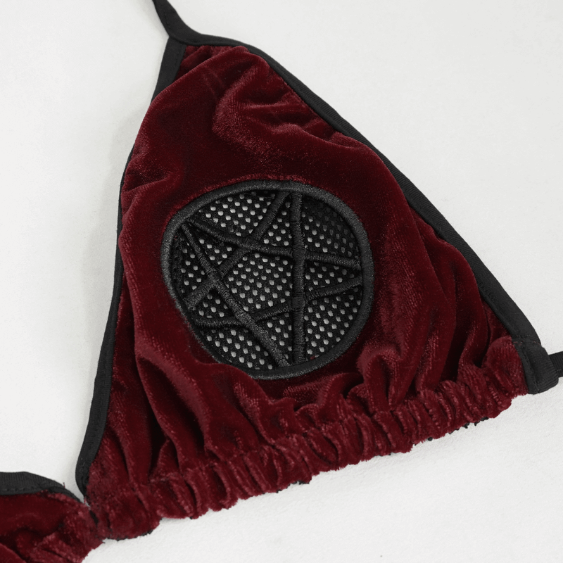 Wine Red Velvet Bikini With Pentagram Tie Sides