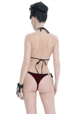 Wine Red Velvet Bikini With Pentagram Tie Sides
