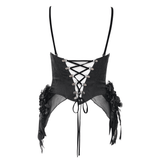 Women's Black Corset Top with Feathers and Lace-Up Design