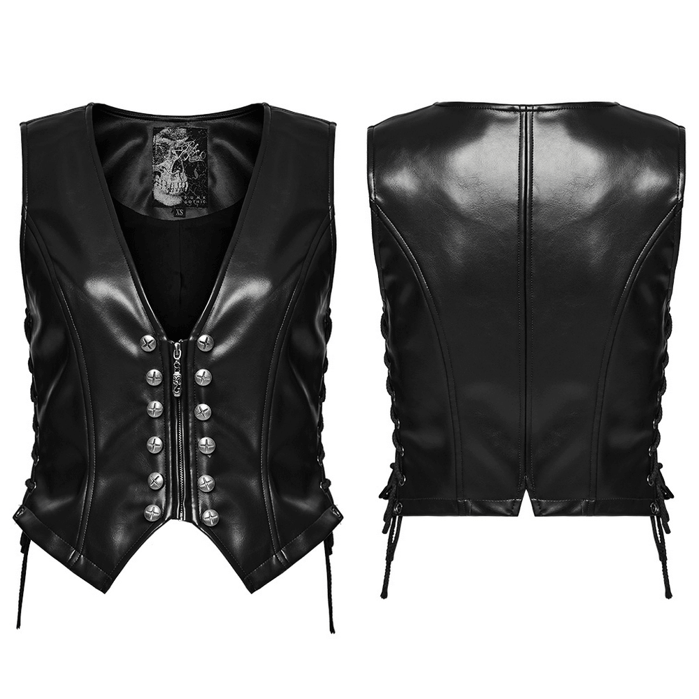 Women's Black Faux Leather Punk Vest with Rivet Accents