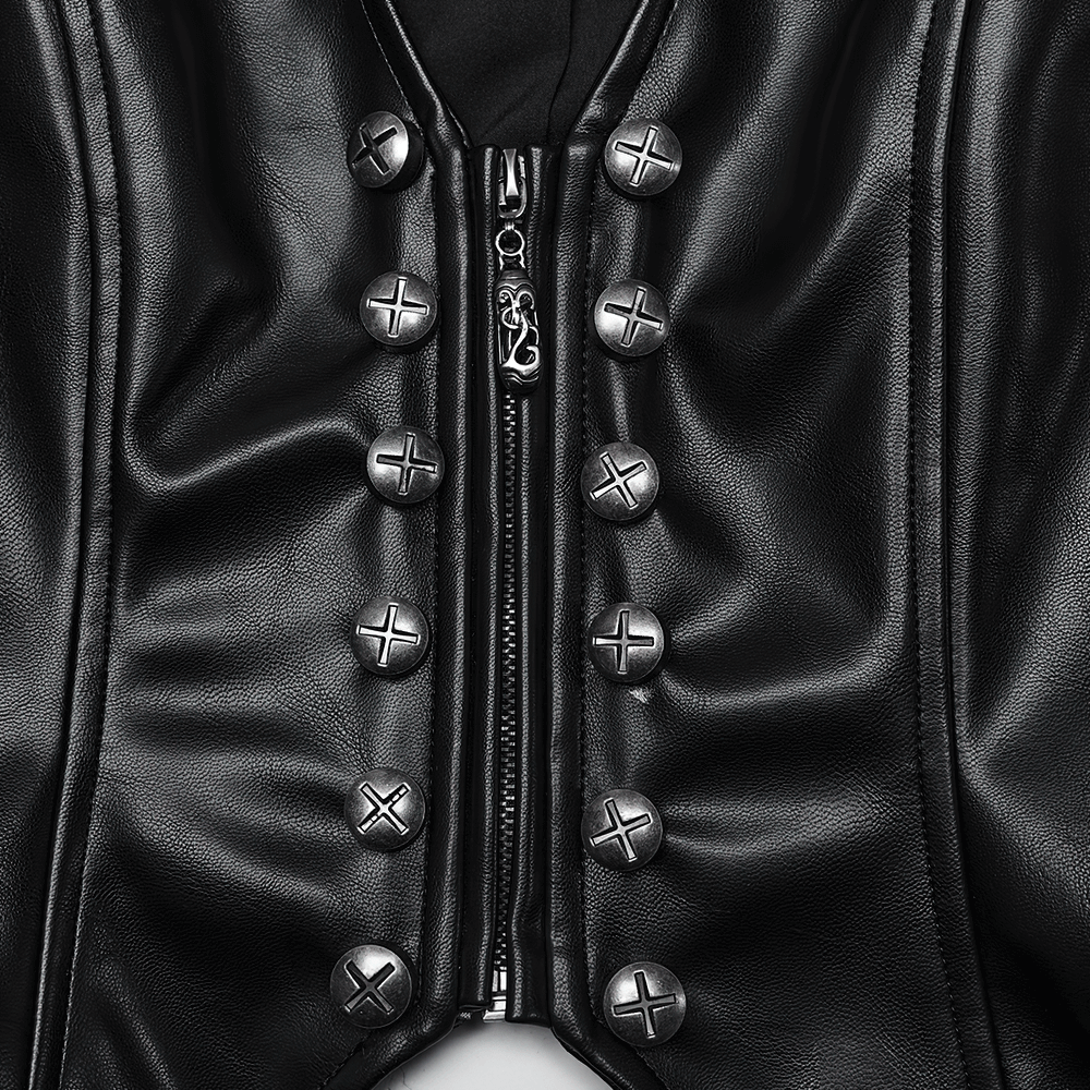 Women's Black Faux Leather Punk Vest with Rivet Accents