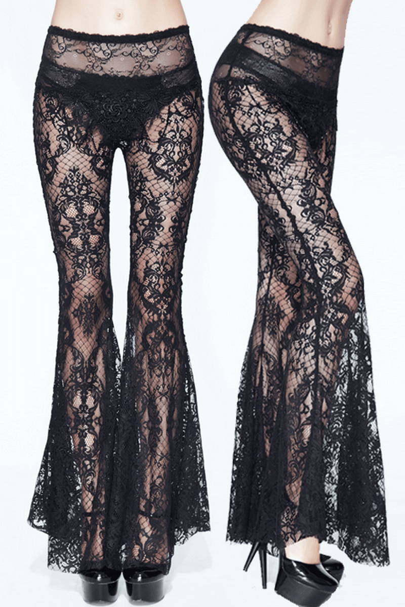Women's Black Lace Flare Pants: Gothic Elegance Trousers