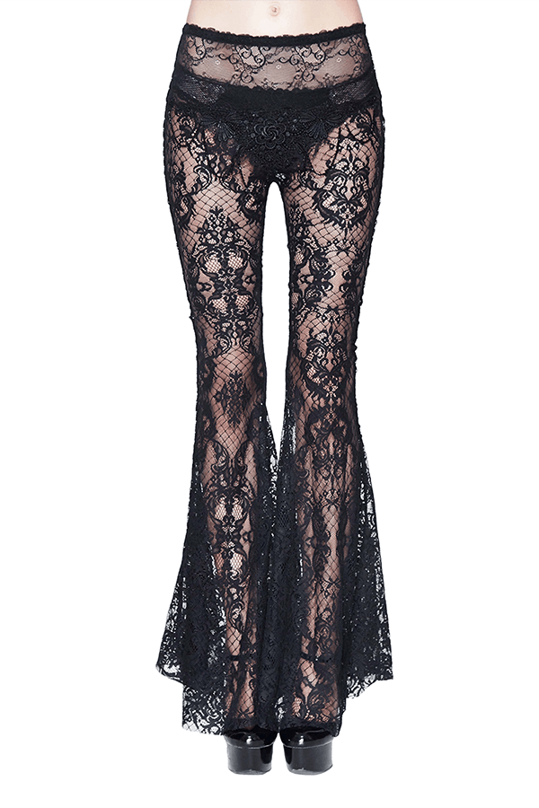 Women's Black Lace Flare Pants: Gothic Elegance Trousers