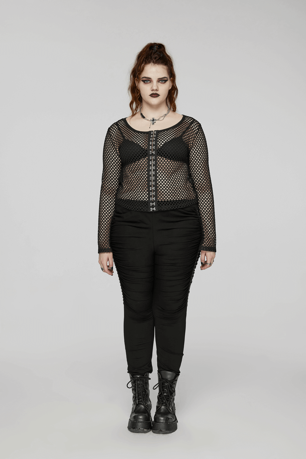 Women's Black Mesh Zipper Top with Long Sleeves