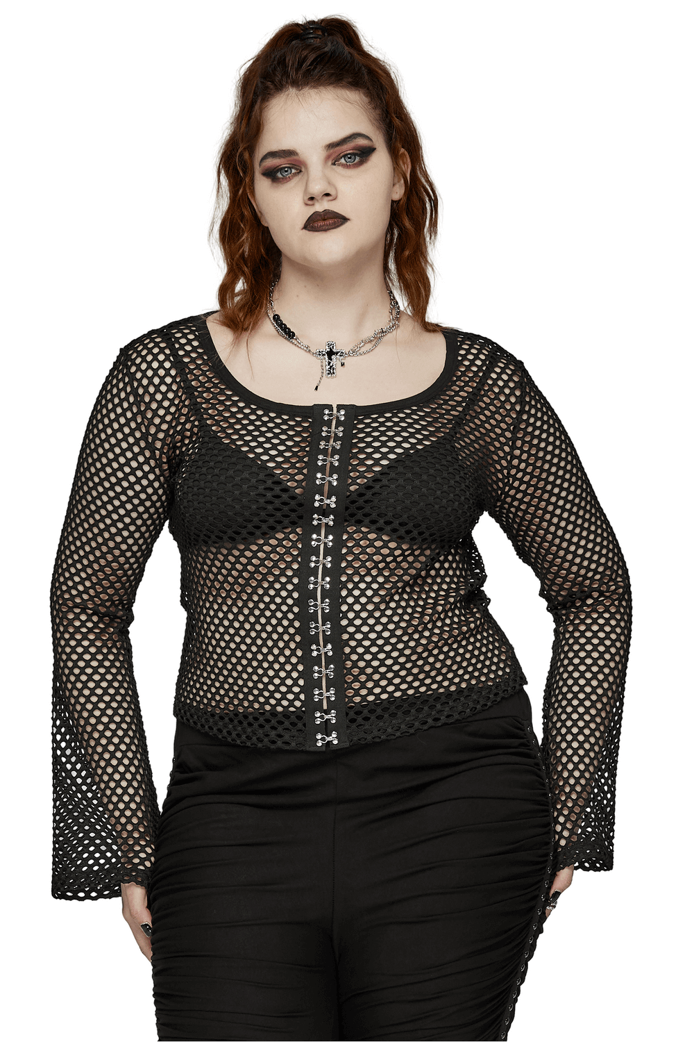 Women's Black Mesh Zipper Top with Long Sleeves
