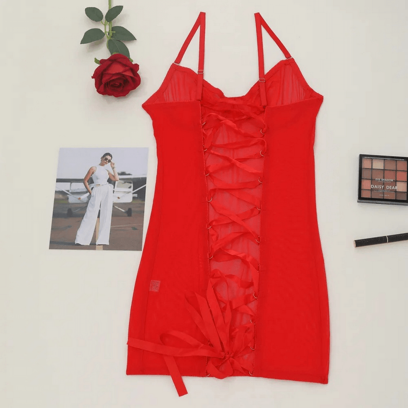 Women's Erotic Transparent Deep Neck Dress / Sexy Lace-up Backless Female Outfits - EVE's SECRETS