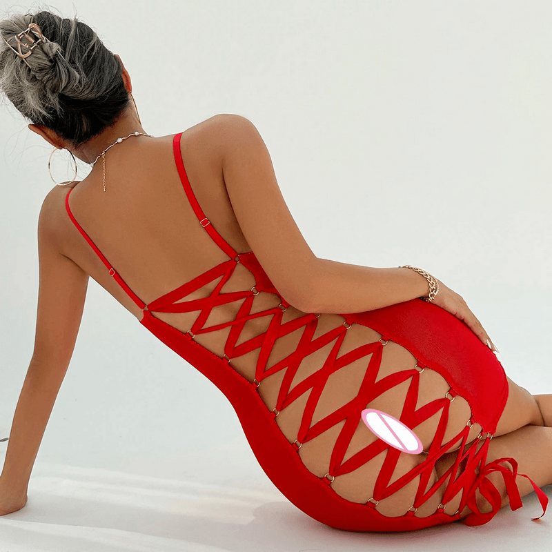 Women's Erotic Transparent Deep Neck Dress / Sexy Lace-up Backless Female Outfits - EVE's SECRETS