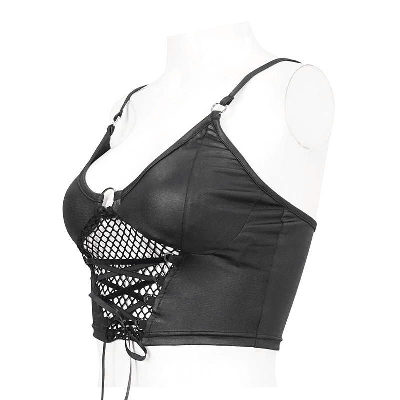 Women's Grunge Crop Top with Lace-up And Net Front