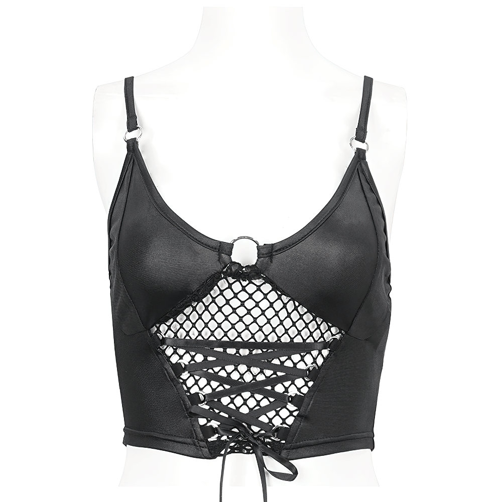 Women's Grunge Crop Top with Lace-up And Net Front